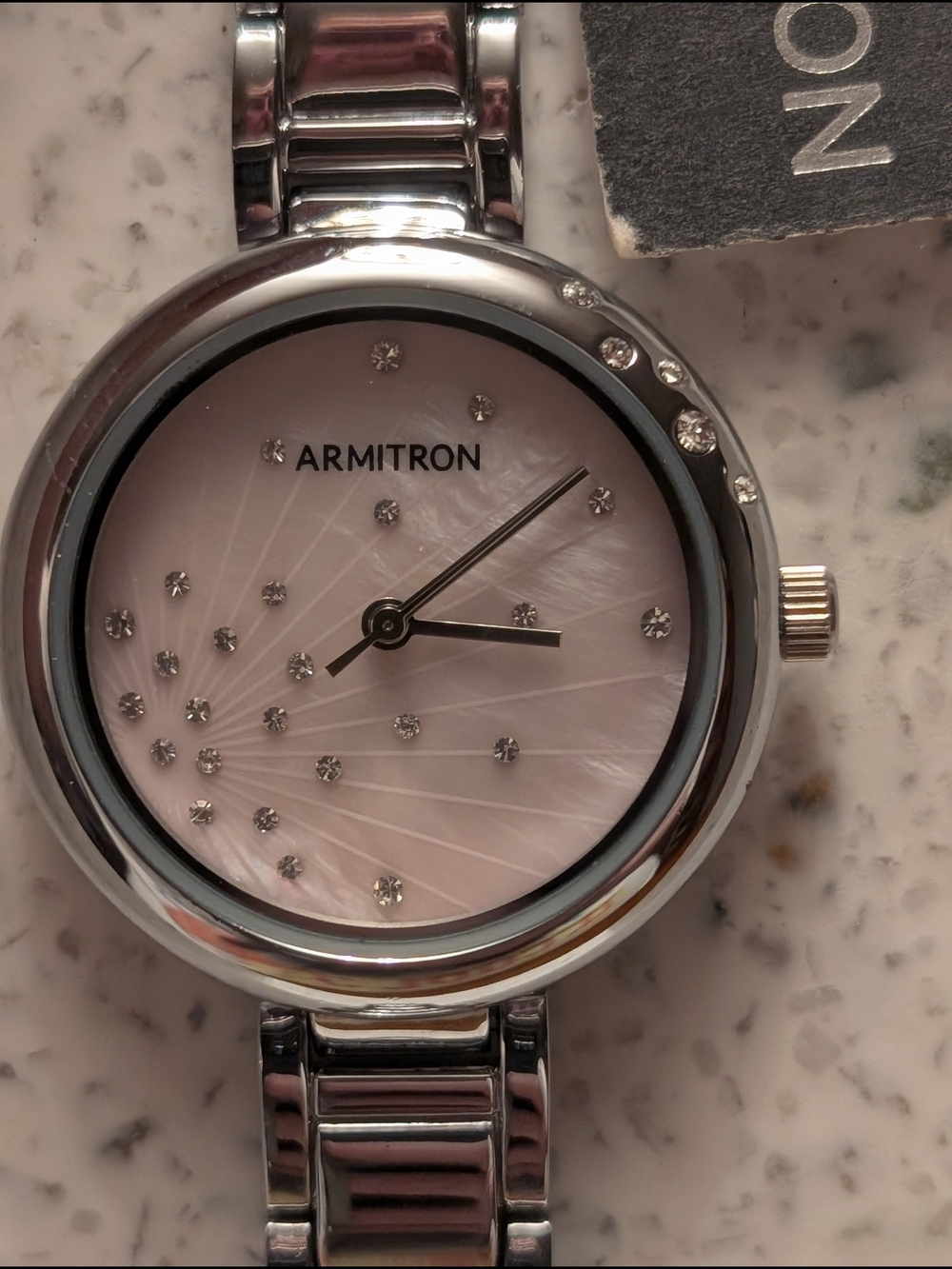 Armitron Silver Stainless Steel Watch with Pink Mother-of-Pearl Dial & Crystal A